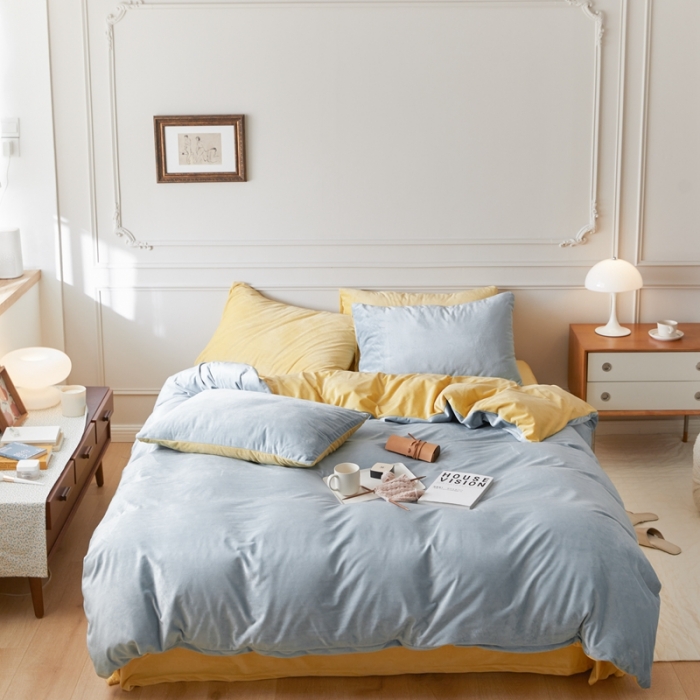 91家纺网 家纺一手货源 找家纺 2021新款高克重北欧风牛奶绒天鹅绒法莱绒四件套 淡蓝+奶黄