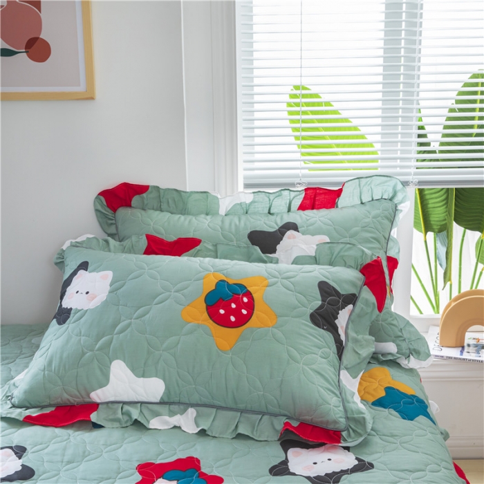 91家纺网 家纺一手货源 找家纺 纽缦 2021新款上下边夹棉单枕套 喵星球绿