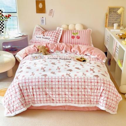 91家纺网 家纺一手货源 找家纺 （总）圆岛家纺 新款冬季数码印花高档婴儿绒兔兔绒四件套