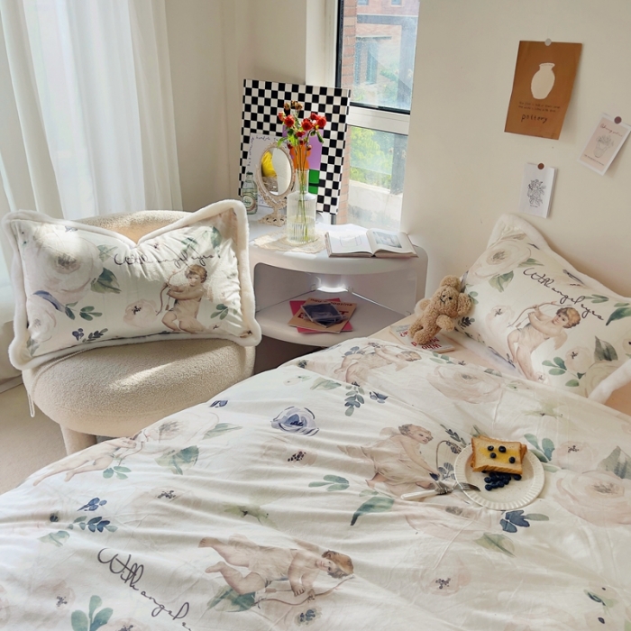 91家纺网 家纺一手货源 找家纺 圆岛家纺 新款冬季数码印花高档婴儿绒兔兔绒四件套 复古天使