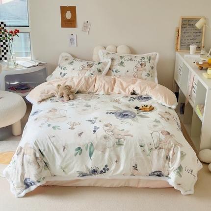 圆岛家纺 新款冬季数码印花高档婴儿绒兔兔绒四件套 复古天使