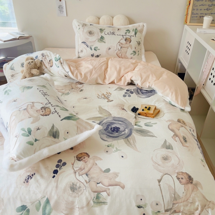 91家纺网 家纺一手货源 找家纺 圆岛家纺 新款冬季数码印花高档婴儿绒兔兔绒四件套 复古天使