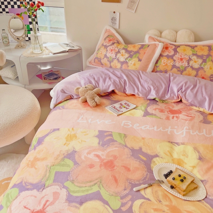 91家纺网 家纺一手货源 找家纺 圆岛家纺 新款冬季数码印花高档婴儿绒兔兔绒四件套 花田