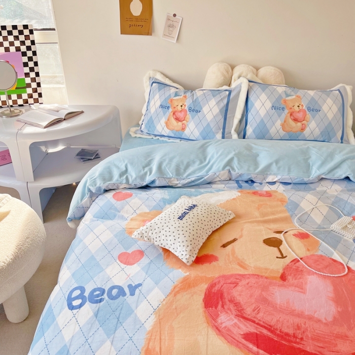 91家纺网 家纺一手货源 找家纺 圆岛家纺 新款冬季数码印花高档婴儿绒兔兔绒四件套 睡睡熊