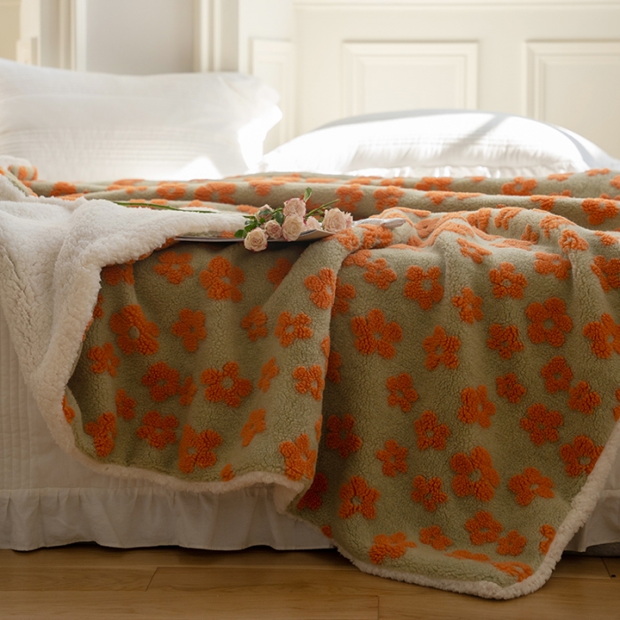 91家纺网 家纺一手货源 找家纺 圆岛家纺  新款定制款文艺提花羊羔绒保暖毛毯小花系列 橘
