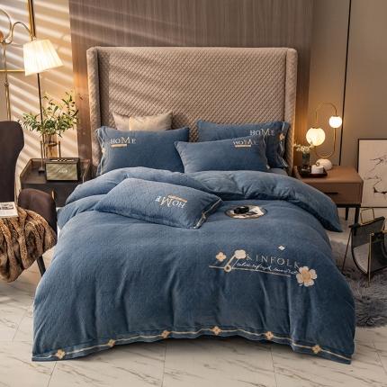 91家纺网 家纺一手货源 找家纺 莎臣豹 2025新款高档刺绣德芙绒牛奶绒四件套 芊语-宝石蓝