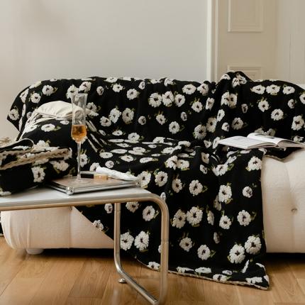 圆岛家纺 新款复古高克重羊毛绒混纺提花豆豆绒毛毯 雏菊黑