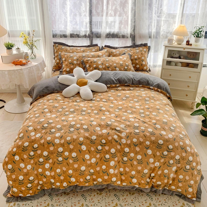 91家纺网 家纺一手货源 找家纺 金爱家 2021新款250克牛奶绒四件套 花间物语