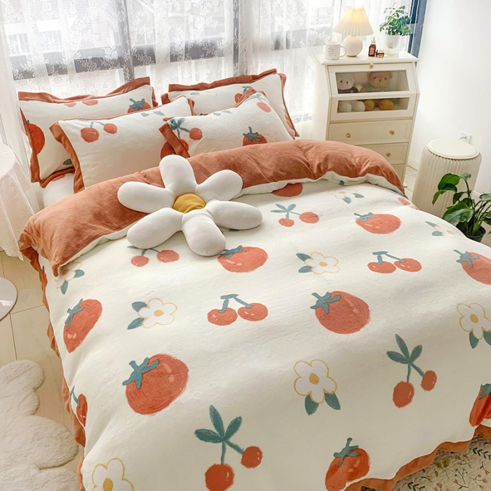 91家纺网 家纺一手货源 找家纺 金爱家 2021新款250克牛奶绒四件套 喜气洋洋白