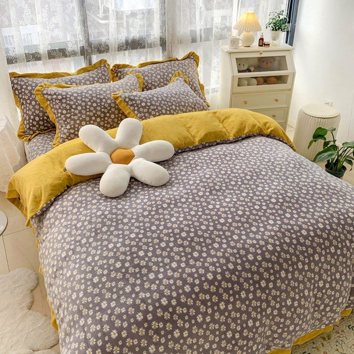 91家纺网 家纺一手货源 找家纺 金爱家 2021新款250克牛奶绒四件套 小雏菊灰