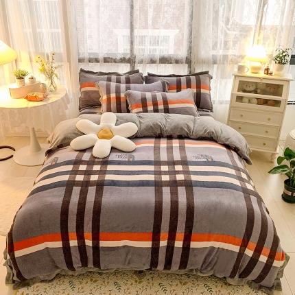 金爱家 2021新款250克牛奶绒四件套 大格蓝灰