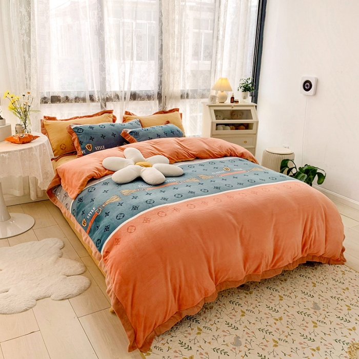 91家纺网 家纺一手货源 找家纺 金爱家 2021新款250克牛奶绒四件套 多彩