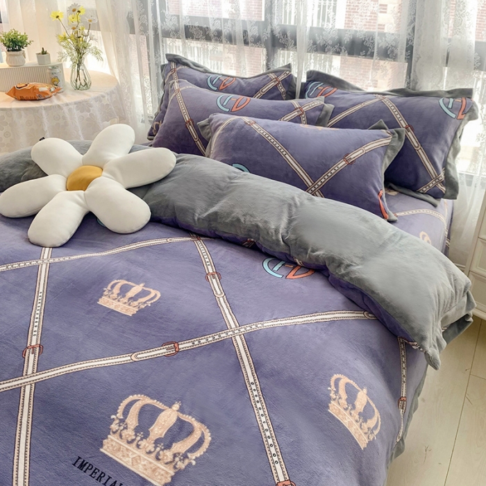 91家纺网 家纺一手货源 找家纺 金爱家 2021新款250克牛奶绒四件套 皇冠紫