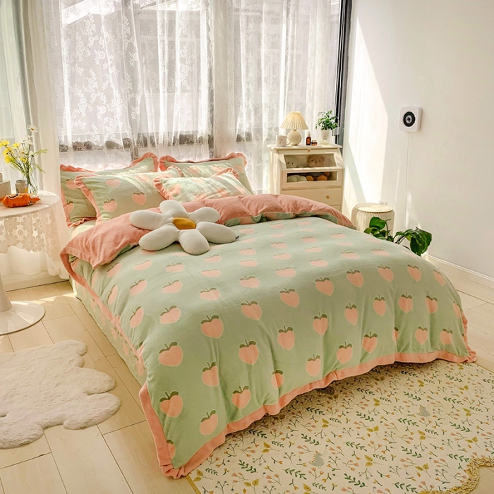 91家纺网 家纺一手货源 找家纺 金爱家 2021新款250克牛奶绒四件套 蜜桃绿