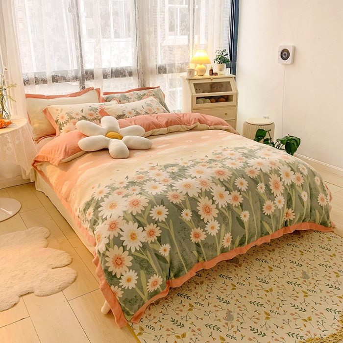 91家纺网 家纺一手货源 找家纺 金爱家 2021新款250克牛奶绒四件套 诗情花意