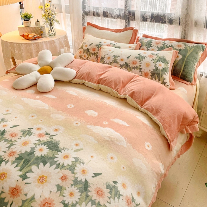 91家纺网 家纺一手货源 找家纺 金爱家 2021新款250克牛奶绒四件套 诗情花意