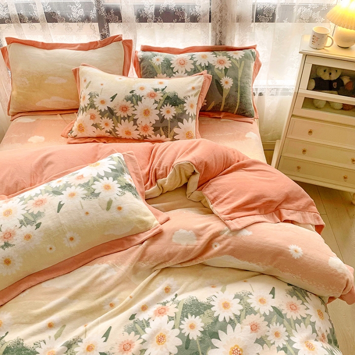 91家纺网 家纺一手货源 找家纺 金爱家 2021新款250克牛奶绒四件套 诗情花意