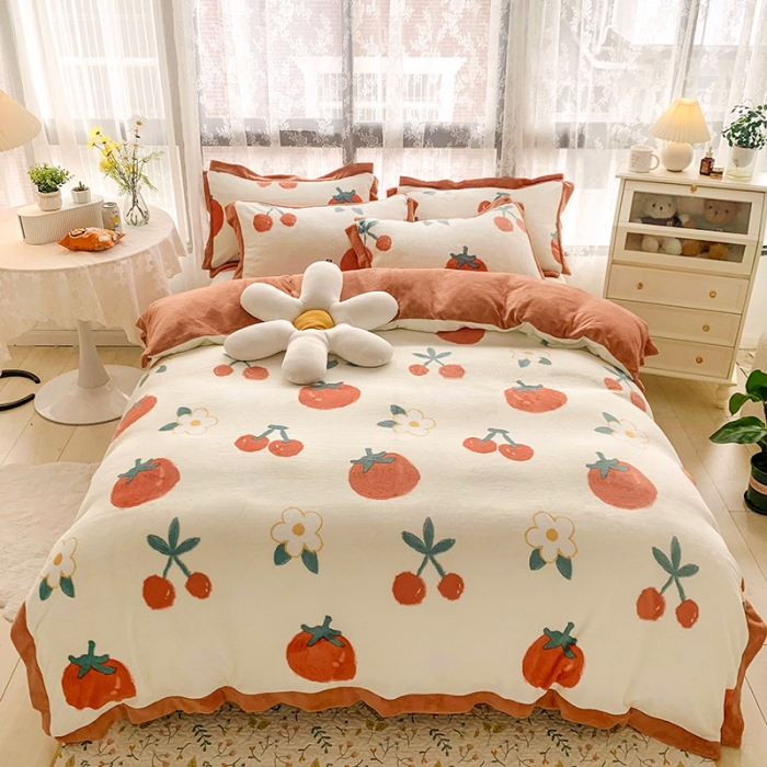 91家纺网 家纺一手货源 找家纺 金爱家 2021新款250克牛奶绒四件套 喜气洋洋白