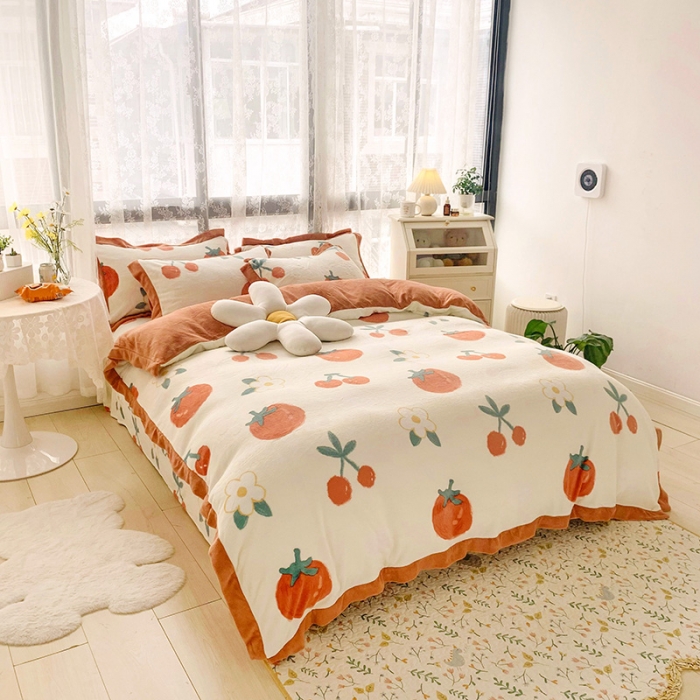 91家纺网 家纺一手货源 找家纺 金爱家 2021新款250克牛奶绒四件套 喜气洋洋白