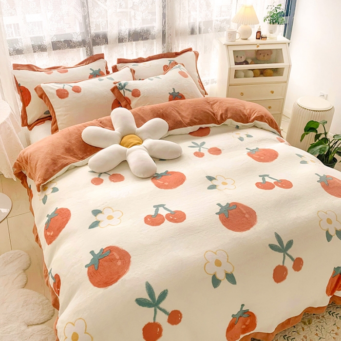 91家纺网 家纺一手货源 找家纺 金爱家 2021新款250克牛奶绒四件套 喜气洋洋白