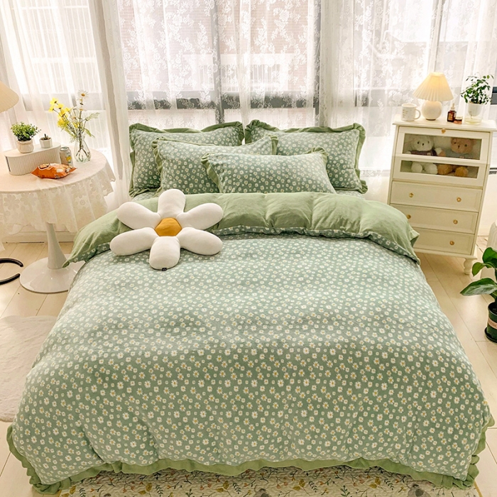 91家纺网 家纺一手货源 找家纺 金爱家 2021新款250克牛奶绒四件套 小雏菊绿