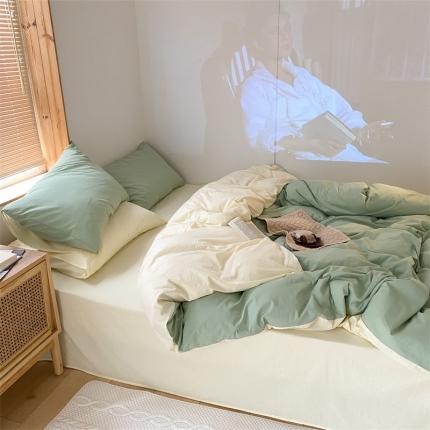 91家纺网 家纺一手货源 找家纺 梦享生活家居 2021新款水洗棉双拼四件套 淡雅绿＋奶茶