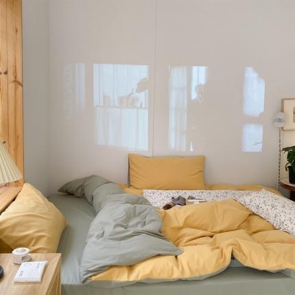 91家纺网 家纺一手货源 找家纺 梦享生活家居 2021新款水洗棉双拼四件套 蜂蜜黄＋抹茶