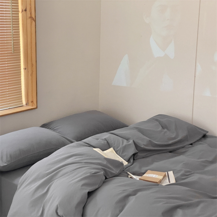 91家纺网 家纺一手货源 找家纺 梦享生活家居 2021新款水洗棉双拼四件套 ins淡灰