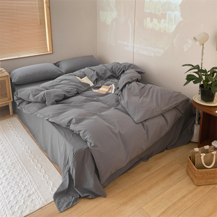 91家纺网 家纺一手货源 找家纺 梦享生活家居 2021新款水洗棉双拼四件套 ins淡灰