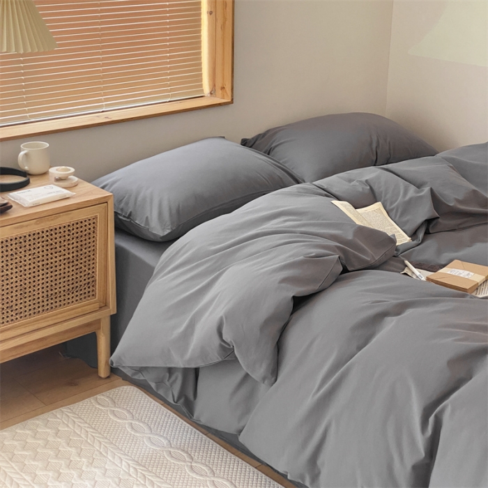 91家纺网 家纺一手货源 找家纺 梦享生活家居 2021新款水洗棉双拼四件套 ins淡灰