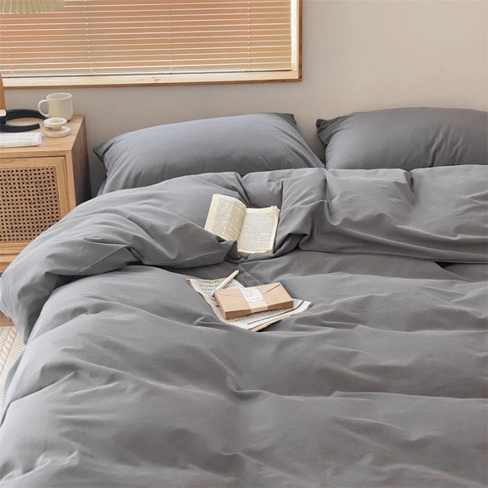 91家纺网 家纺一手货源 找家纺 梦享生活家居 2021新款水洗棉双拼四件套 ins淡灰