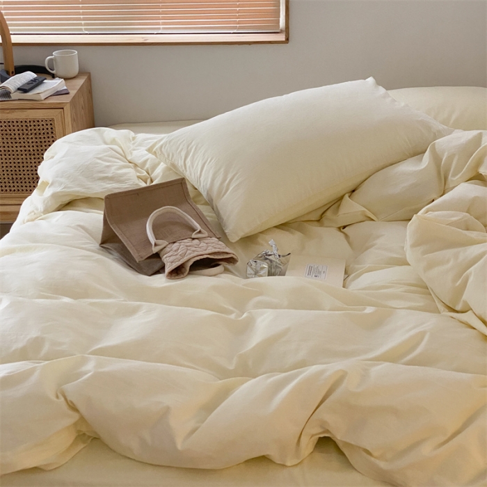 91家纺网 家纺一手货源 找家纺 梦享生活家居 2021新款水洗棉双拼四件套 ins奶茶