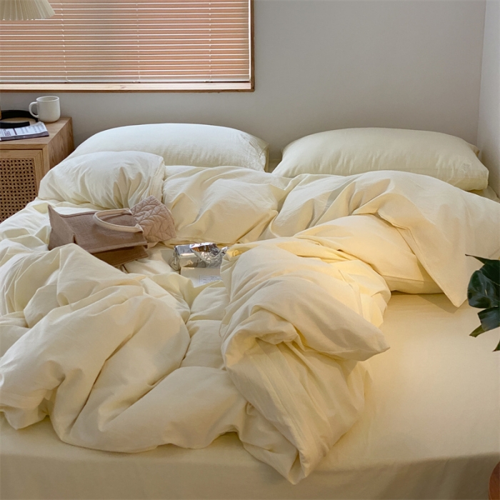 91家纺网 家纺一手货源 找家纺 梦享生活家居 2021新款水洗棉双拼四件套 ins奶茶