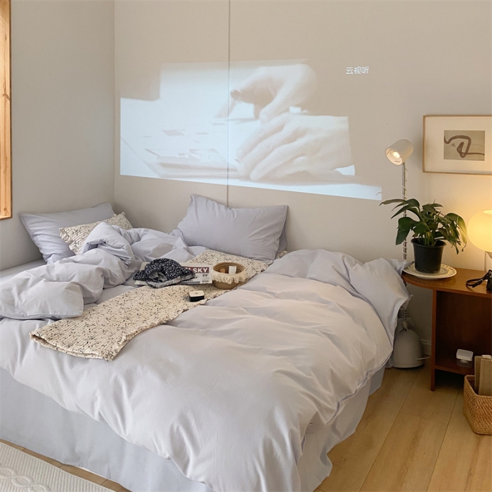 91家纺网 家纺一手货源 找家纺 梦享生活家居 2021新款水洗棉双拼四件套 ins浅蓝