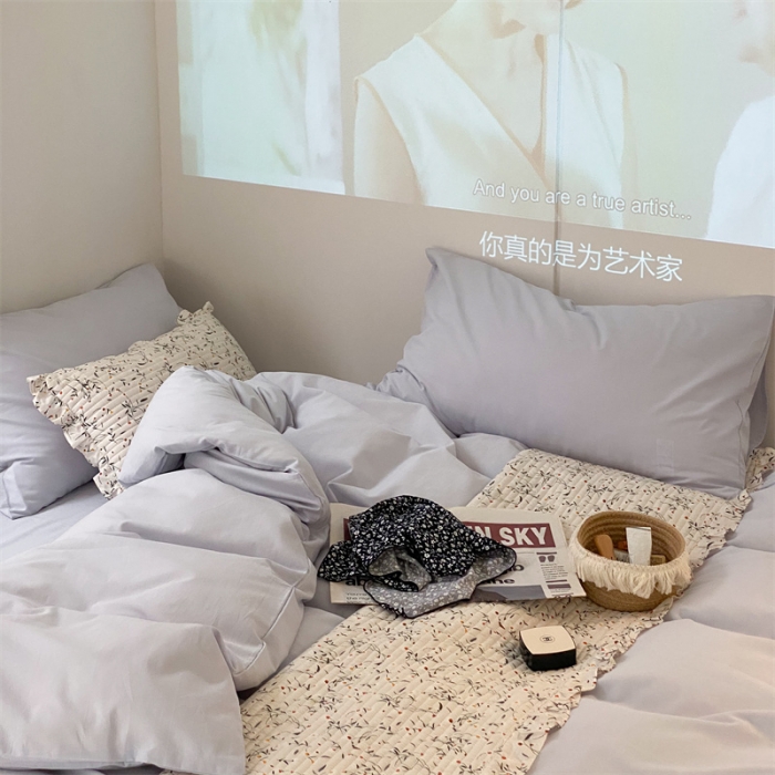 91家纺网 家纺一手货源 找家纺 梦享生活家居 2021新款水洗棉双拼四件套 ins浅蓝