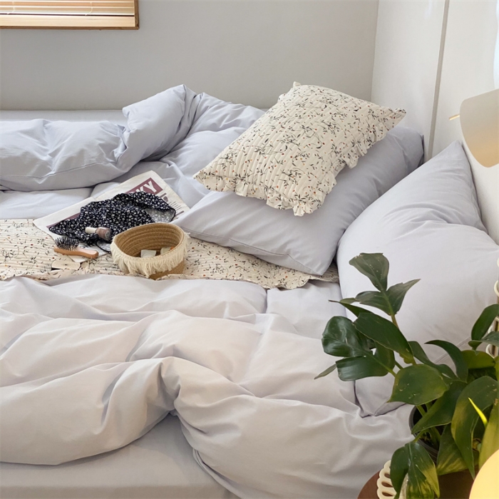 91家纺网 家纺一手货源 找家纺 梦享生活家居 2021新款水洗棉双拼四件套 ins浅蓝