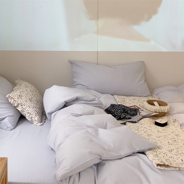 91家纺网 家纺一手货源 找家纺 梦享生活家居 2021新款水洗棉双拼四件套 ins浅蓝