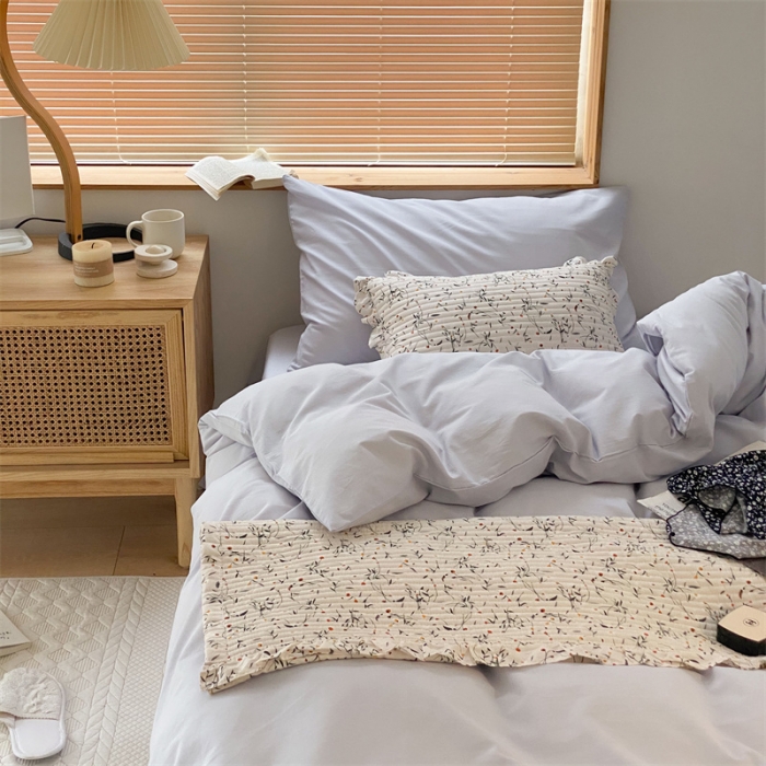 91家纺网 家纺一手货源 找家纺 梦享生活家居 2021新款水洗棉双拼四件套 ins浅蓝