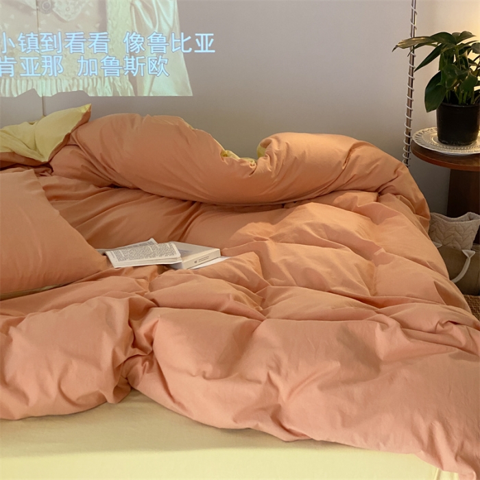 91家纺网 家纺一手货源 找家纺 梦享生活家居 2021新款水洗棉双拼四件套 橙色＋柠檬黄