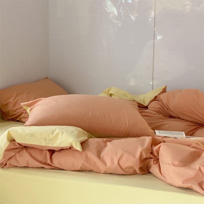 91家纺网 家纺一手货源 找家纺 梦享生活家居 2021新款水洗棉双拼四件套 橙色＋柠檬黄