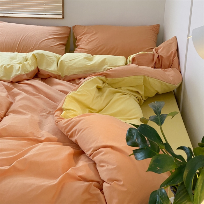 91家纺网 家纺一手货源 找家纺 梦享生活家居 2021新款水洗棉双拼四件套 橙色＋柠檬黄