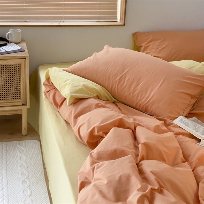 91家纺网 家纺一手货源 找家纺 梦享生活家居 2021新款水洗棉双拼四件套 橙色＋柠檬黄