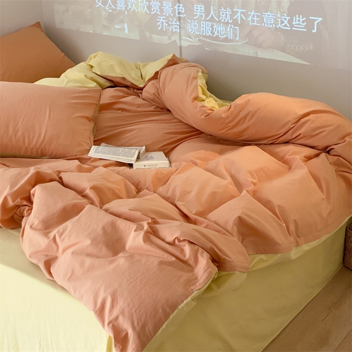 91家纺网 家纺一手货源 找家纺 梦享生活家居 2021新款水洗棉双拼四件套 橙色＋柠檬黄