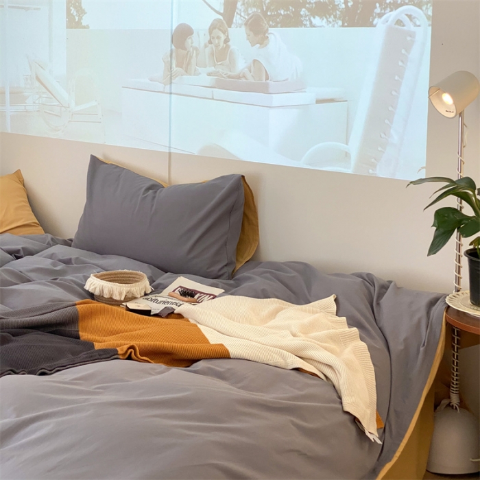91家纺网 家纺一手货源 找家纺 梦享生活家居 2021新款水洗棉双拼四件套 淡灰色＋蜂蜜黄