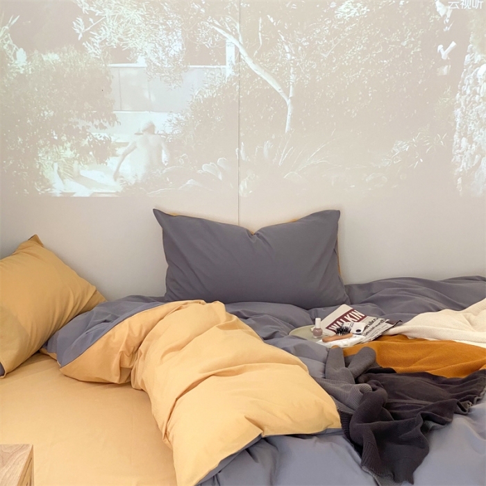 91家纺网 家纺一手货源 找家纺 梦享生活家居 2021新款水洗棉双拼四件套 淡灰色＋蜂蜜黄
