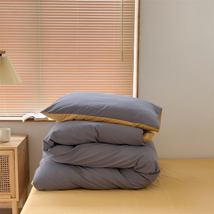 91家纺网 家纺一手货源 找家纺 梦享生活家居 2021新款水洗棉双拼四件套 淡灰色＋蜂蜜黄