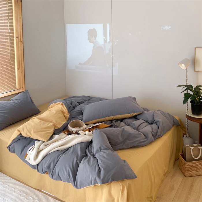 91家纺网 家纺一手货源 找家纺 梦享生活家居 2021新款水洗棉双拼四件套 淡灰色＋蜂蜜黄