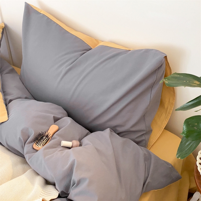 91家纺网 家纺一手货源 找家纺 梦享生活家居 2021新款水洗棉双拼四件套 淡灰色＋蜂蜜黄