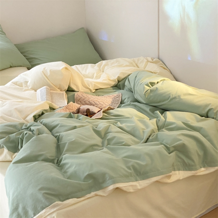 91家纺网 家纺一手货源 找家纺 梦享生活家居 2021新款水洗棉双拼四件套 淡雅绿＋奶茶
