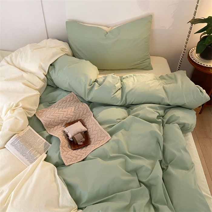 91家纺网 家纺一手货源 找家纺 梦享生活家居 2021新款水洗棉双拼四件套 淡雅绿＋奶茶